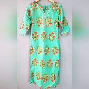 Cotton kurta sz sm bust 36' sea green with floral print and gold trim